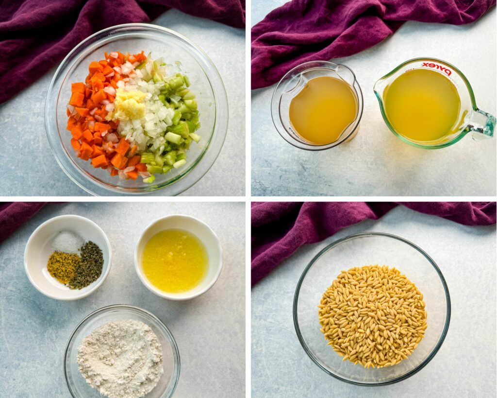 collage of 4 photos with diced carrots, celery, onions, flour, Italian seasoning, lemon juice, lemon zest, dry orzo, and chicken broth in separate glass bowls