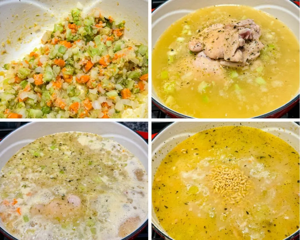 collage of 4 photos with diced vegetables, flour, broth, and raw chicken in a Dutch oven