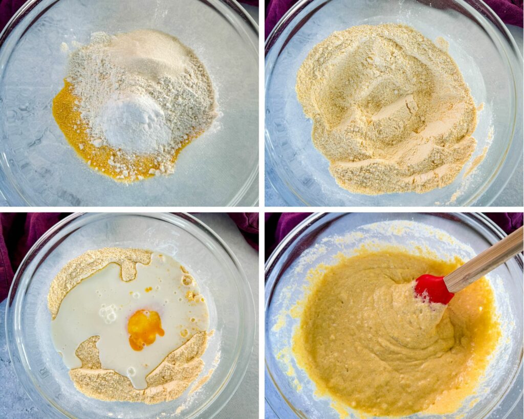 collage of 4 photos with cornmeal, flour, buttermilk, and egg in a glass mixing bowl to create fried cornbread batter