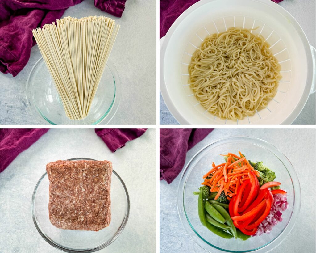 lo mein noodles, raw ground beef, and fresh vegetables in separate bowls