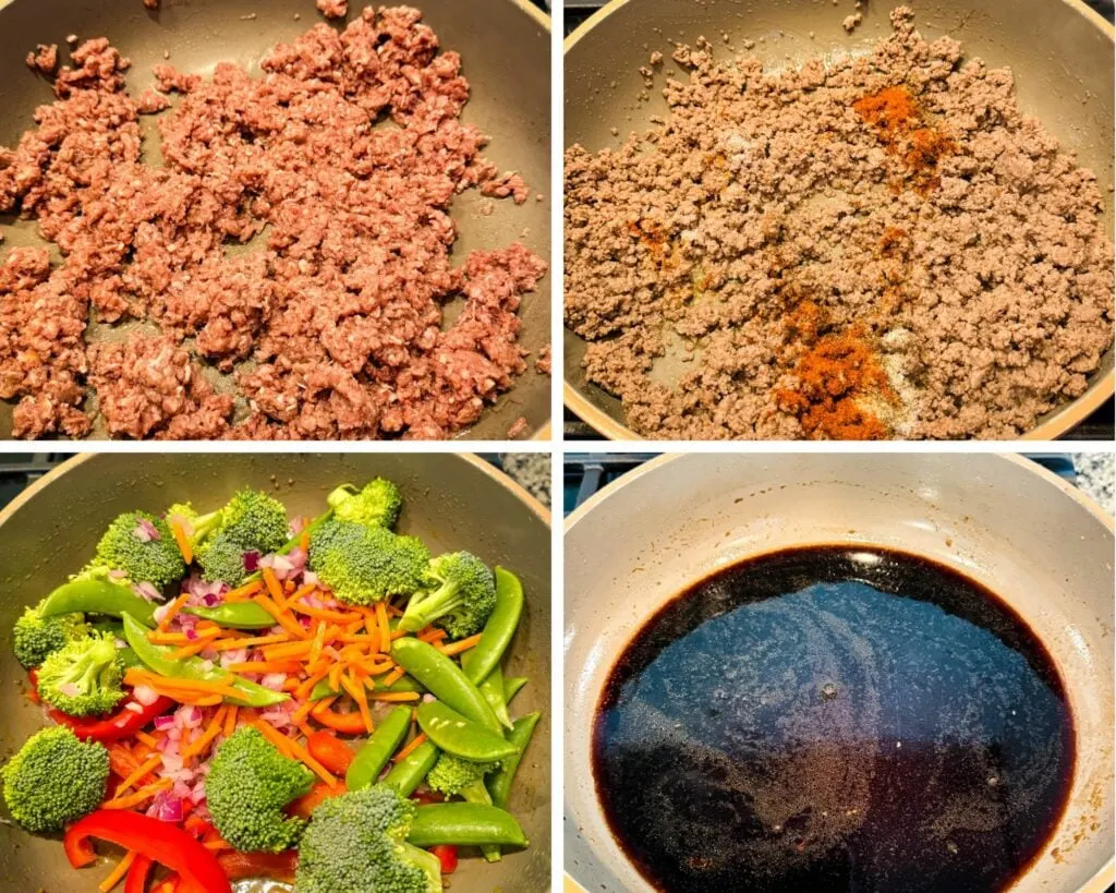 collage of 4 photos with ground beef, vegetables, and a homemade soy sauce in a skillet