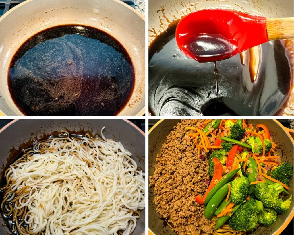 soy sauce and lo mein noodles in a skillet