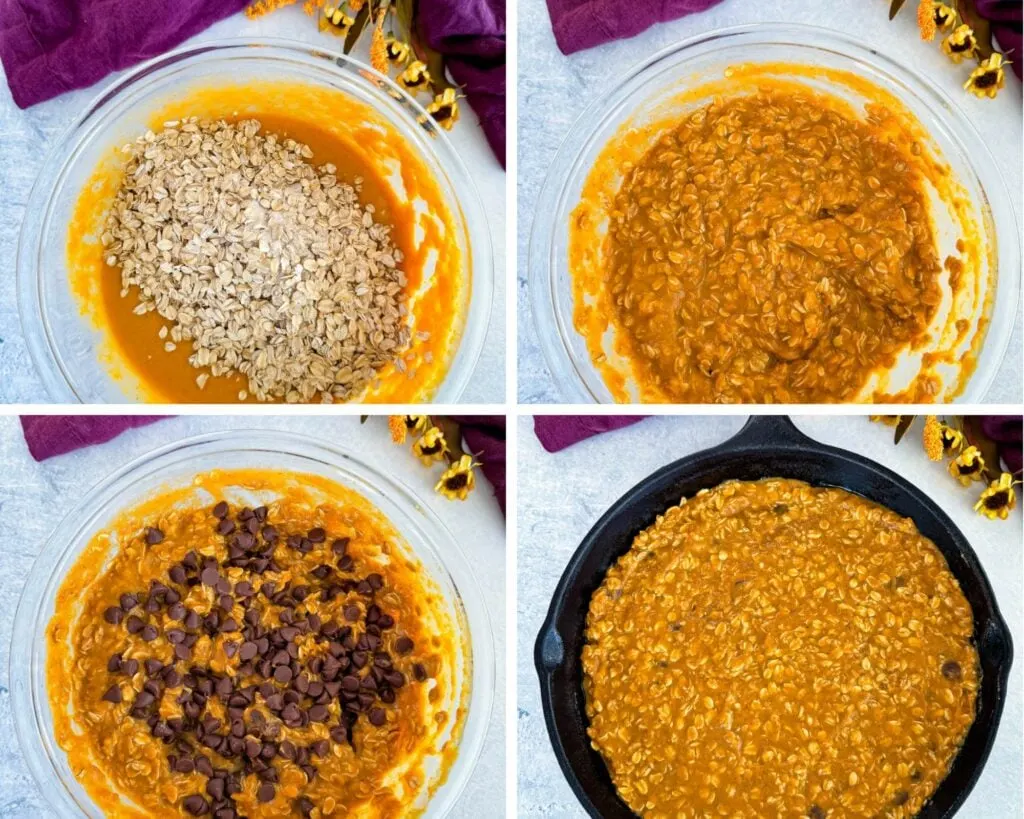 collage of 4 photos with wet and dry pumpkin baked oatmeal ingredients in a glass bowl