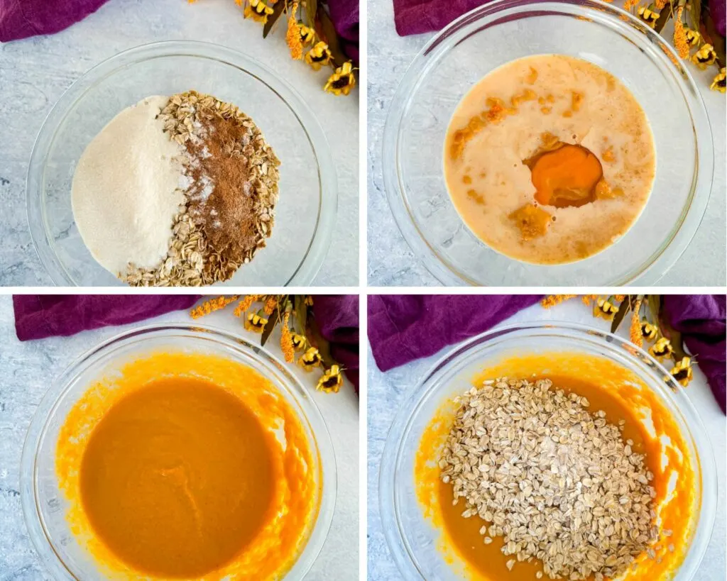 collage of 4 photos with wet and dry pumpkin baked oatmeal ingredients in a glass bowl