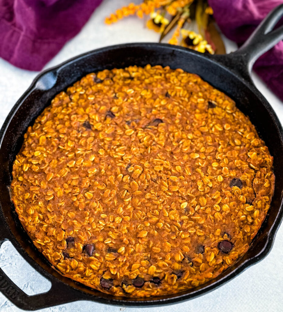 pumpkin baked oatmeal in a cast iron skillet