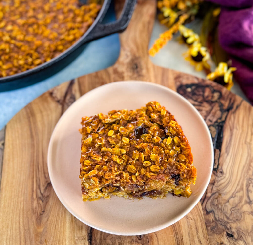 pumpkin baked oatmeal with chocolate chips on a plate