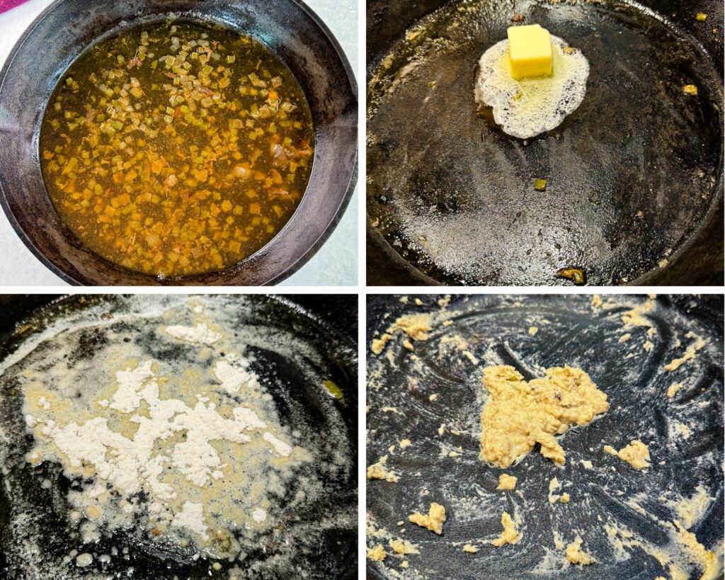 collage of 4 photos with melted butter, flour, and turkey drippings in a cast iron skillet