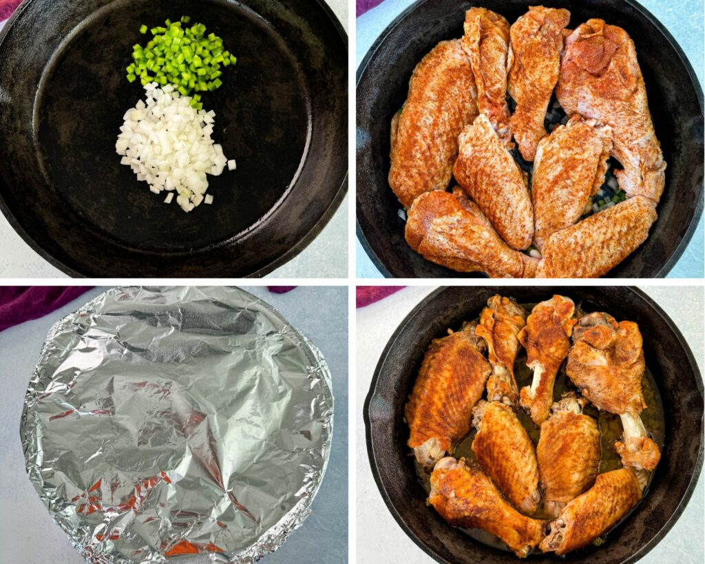 collage of 4 photos with green peppers onions, a raw turkey wings in a cast iron skillet