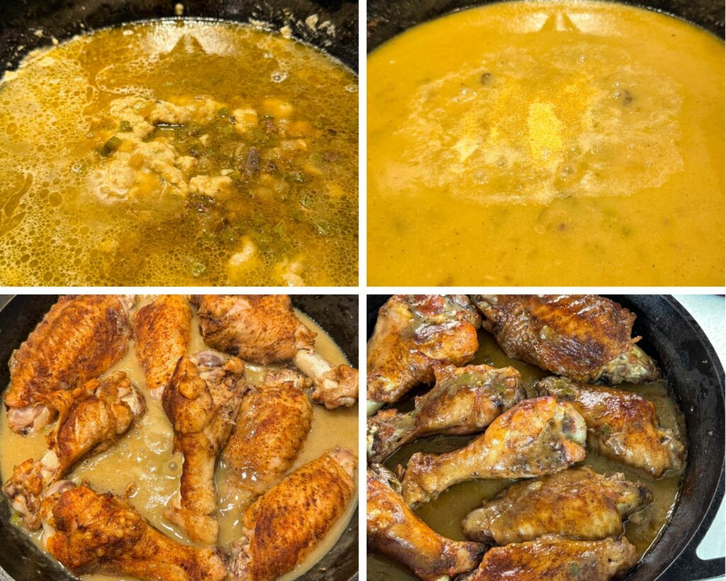 collage of 4 photos with turkey wings gravy and cooked turkey wings in a cast iron skillet