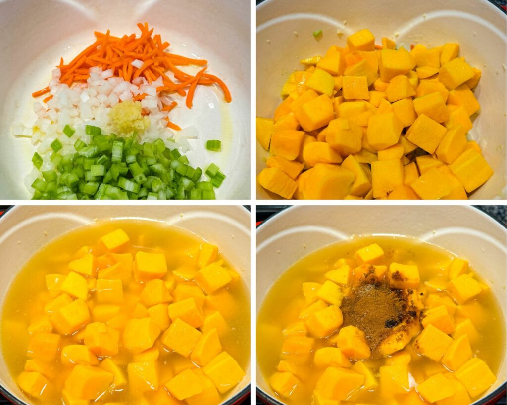 collage of 4 photos with diced carrots, celery, onions, garlic, butternut squash, and broth in a Dutch oven