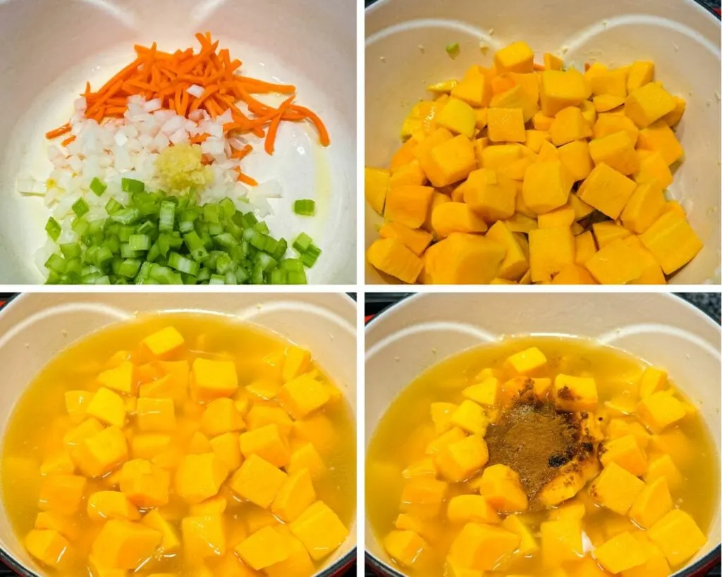 collage of 4 photos with diced carrots, celery, onions, garlic, butternut squash, and broth in a Dutch oven