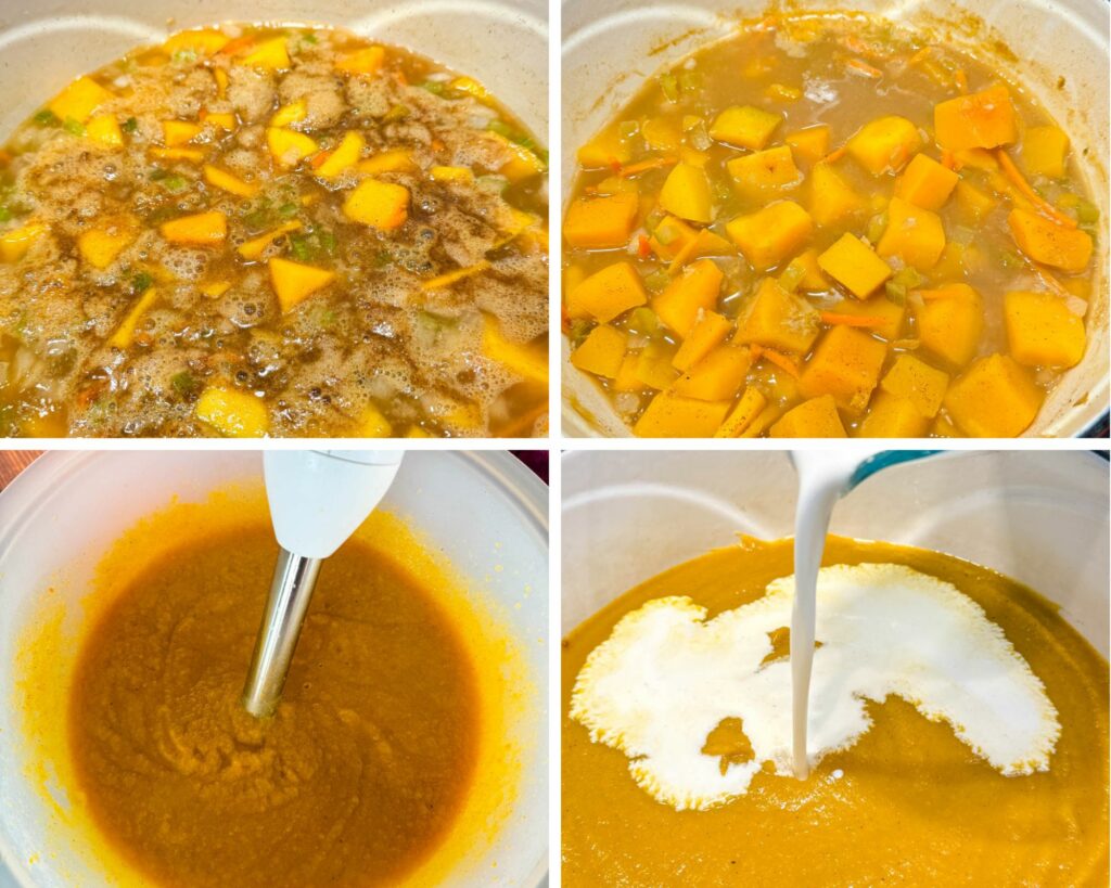 collage of 4 photos with butternut squash soup in a Dutch oven blended with a hand blender and drizzled with heavy whipping cream