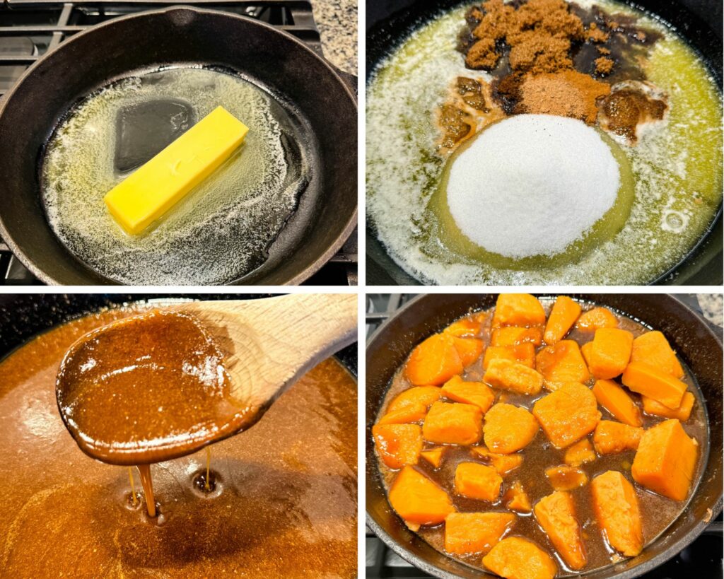 collage of 4 photos with sweet potato glaze in a pan