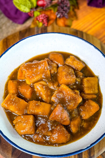 canned candied sweet potatoes in a white bowl