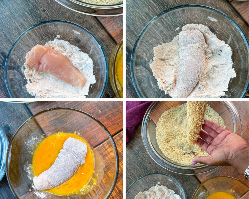 collage of 4 photos with raw chicken in flour, beaten egg, and breadcrumbs