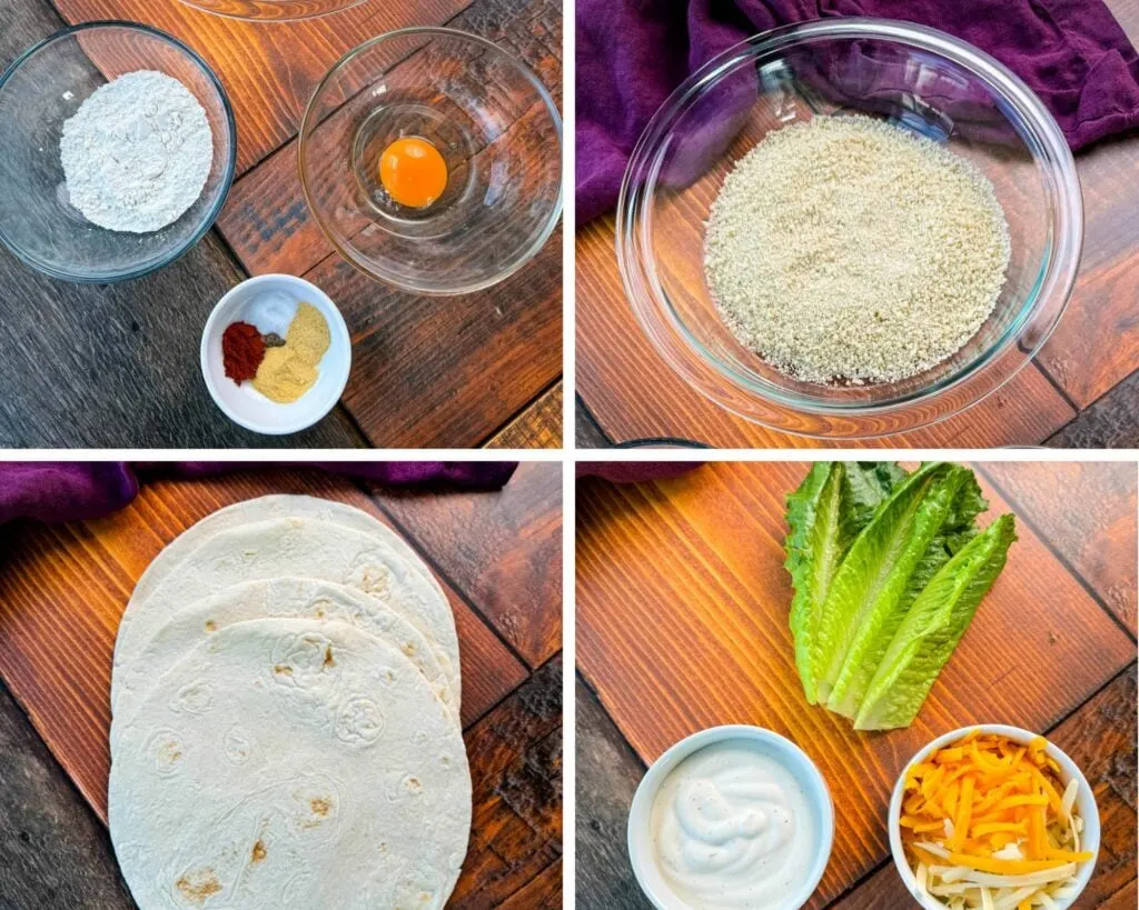 collage of 4 photos with flour, spices, breadcrumbs, egg, tortillas, lettuce, shredded cheese, and ranch dressing in separate bowls