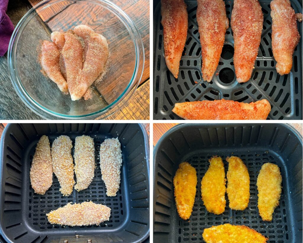 collage of 4 photos with raw seasoned and breaded chicken tenders in an air fryer