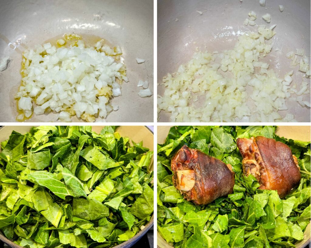 collage of 4 photos with diced onions, garlic, collard greens, and ham hocks in a pot