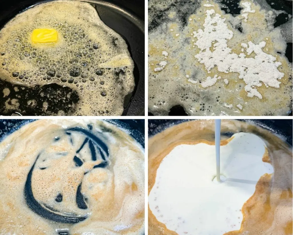 collage of 4 photos with melted butter, flour, milk, and heavy cream in a cast iron skillet