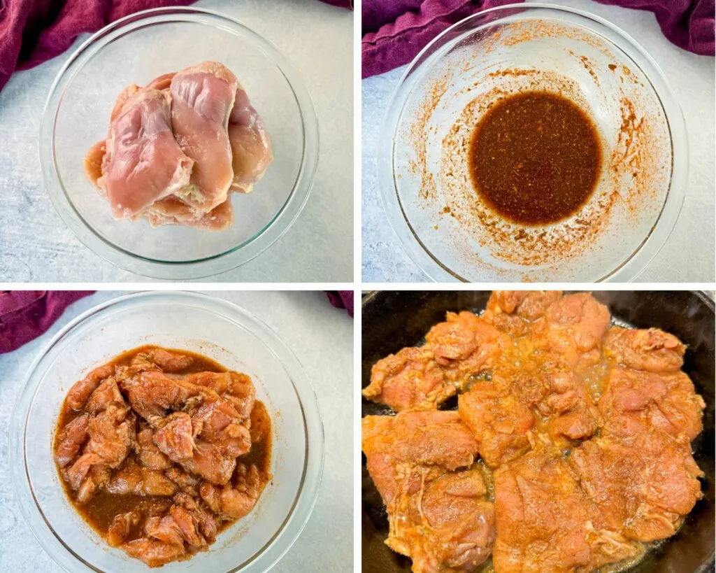 collage of 4 photos with raw chicken marinated with jerk marinade in a glass bowl