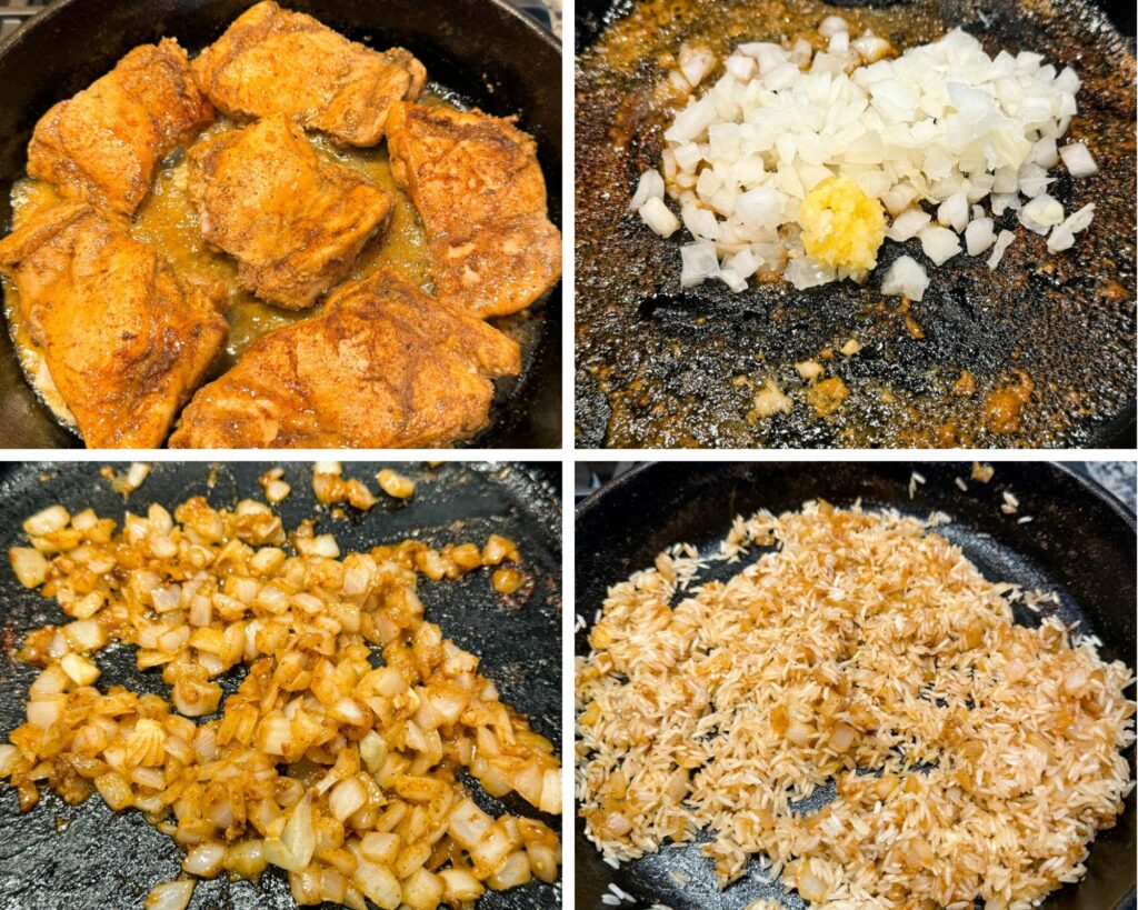 collage of 4 photos with raw marinated chicken in a skillet with diced onions