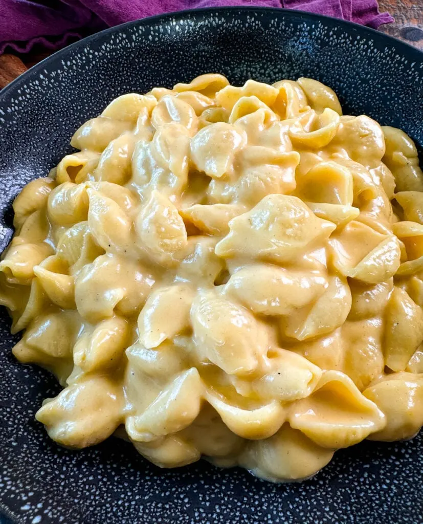 stovetop mac and cheese in a black bowl