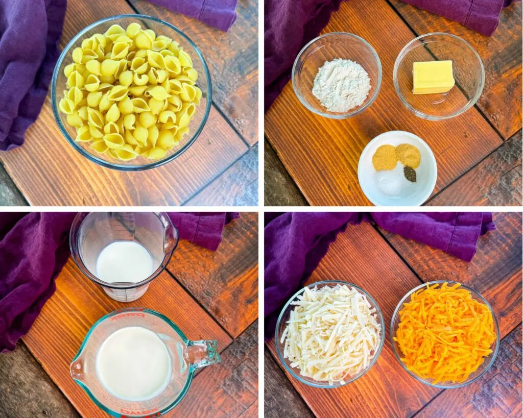 collage of 4 photos with shells pasta, butter, flour, garlic powder, onion powder, heavy cream, milk, and grated cheddar cheese in separate bowls