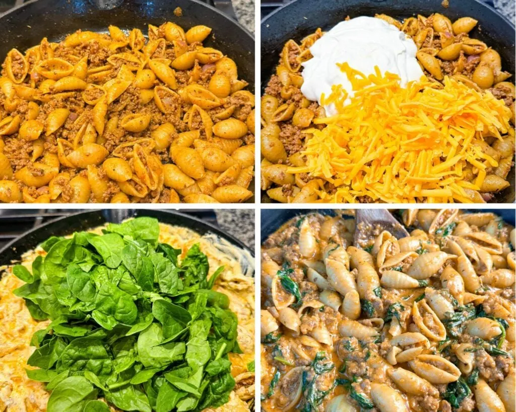 collage of 4 photos with ground beef and shells, plain Greek yogurt, grated cheddar cheese, and spinach in a cast iron skillet