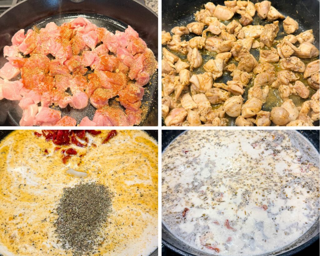 collage of 4 photos with raw and cooked chicken in a pan along with heavy cream, broth, and grated Parmesan cheese in a pan