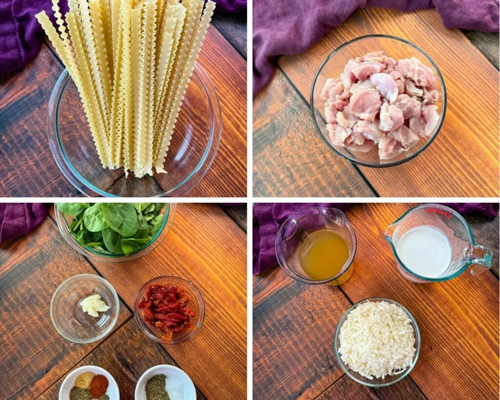 pasta, diced raw chicken, fresh spinach, sundried tomatoes, Italian seasoning, broth, heavy whipping cream, and grated Parmesan cheese in separate glass bowls