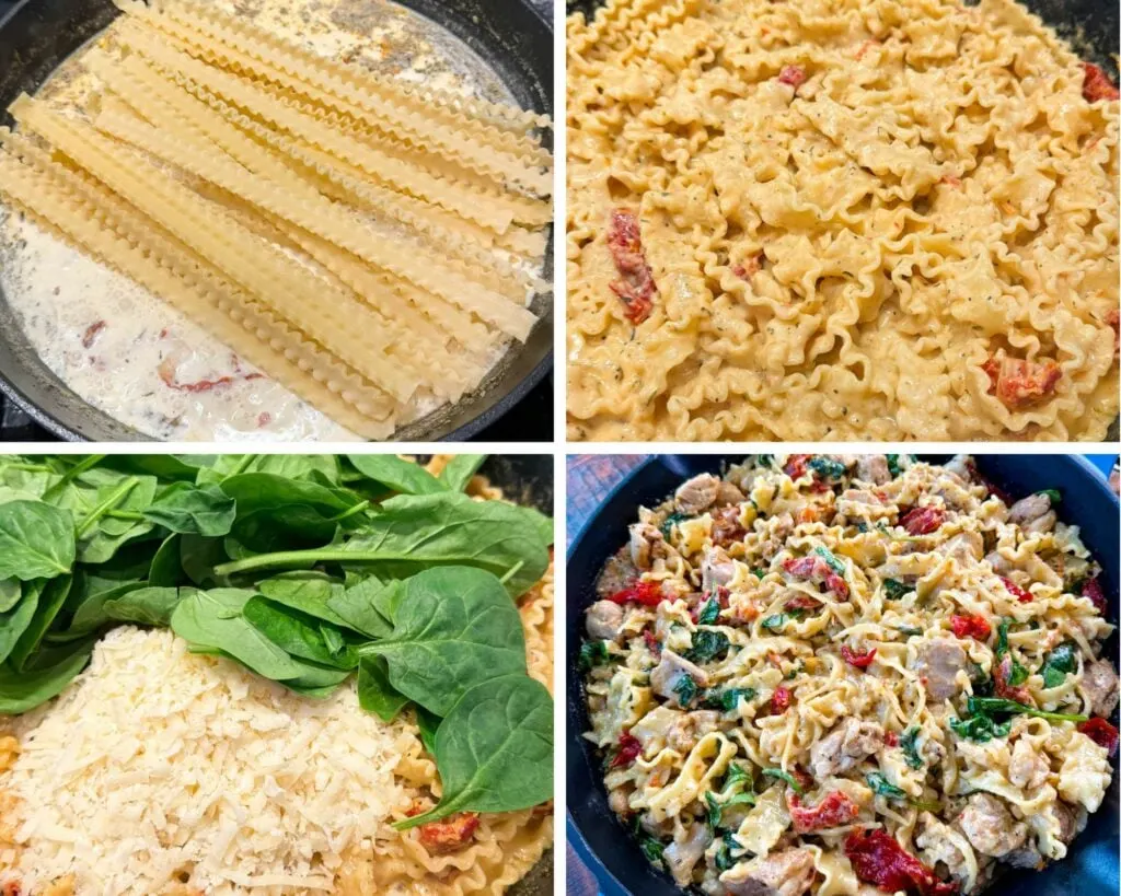 colllage of 4 photos with uncooked pasta and cream sauce with spinach, sundried tomatoes, and Parmesan reggiano cheese in a cast iron skillet