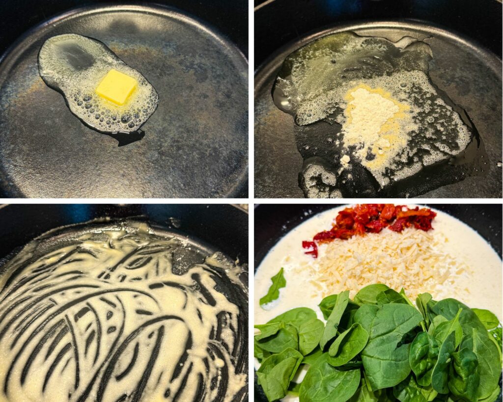 collage of 4 photos with melted butter, flour, cream, sundried tomatoes, and spinach in a skillet