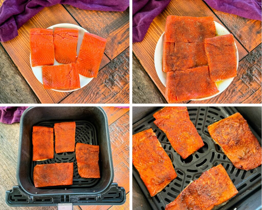 a collage of 4 photos with raw salmon seasoned on a plate and salmon in an air fryer