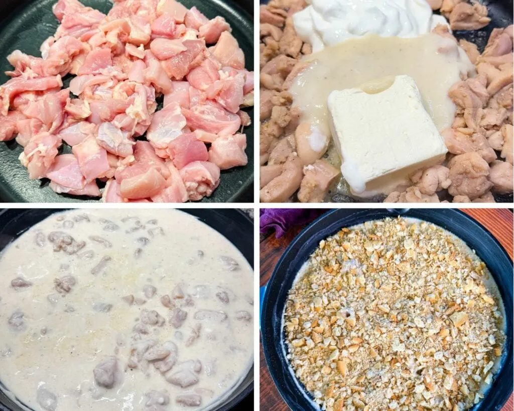 collage of 4 photos with raw chicken, cream cheese, cream of chicken soup, sour cream, and Ritz crackers in a cast iron skillet