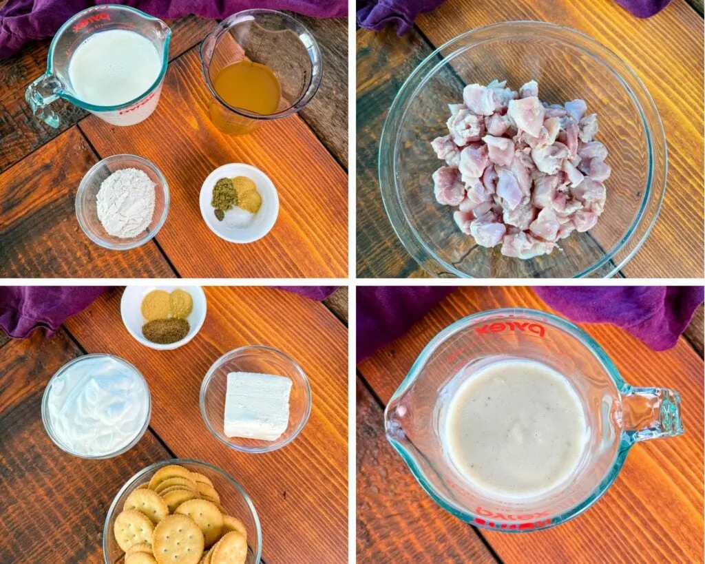 collage of 4 photos with milk, broth, sour cream, Ritz crackers, cream cheese, cream of chicken soup, and raw diced chicken in a glass bowl