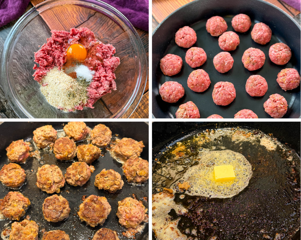 collage of 4 photos with raw ground beef meatballs in a skillet