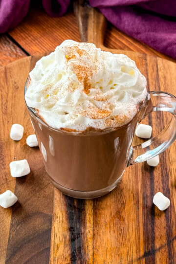 slow cooker Crockpot hot chocolate in a mug with whipped cream and marshmallows