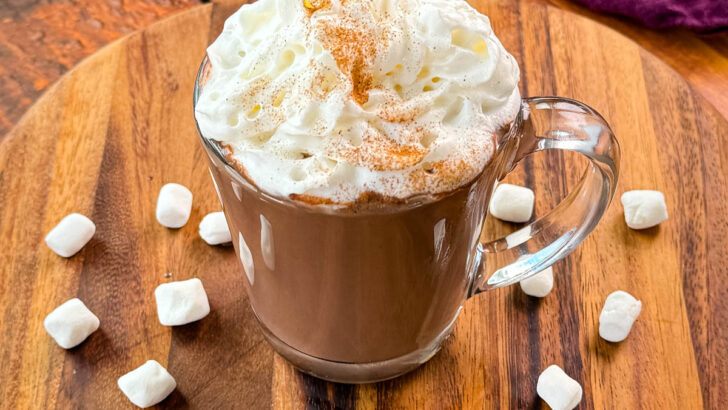 slow cooker Crockpot hot chocolate in a mug with whipped cream and marshmallows