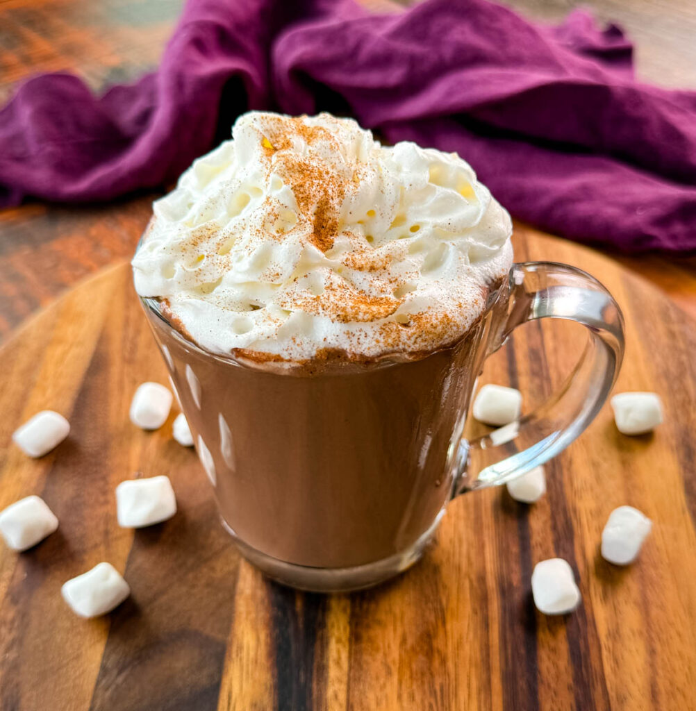 slow cooker Crockpot hot chocolate in a mug with whipped cream and marshmallows