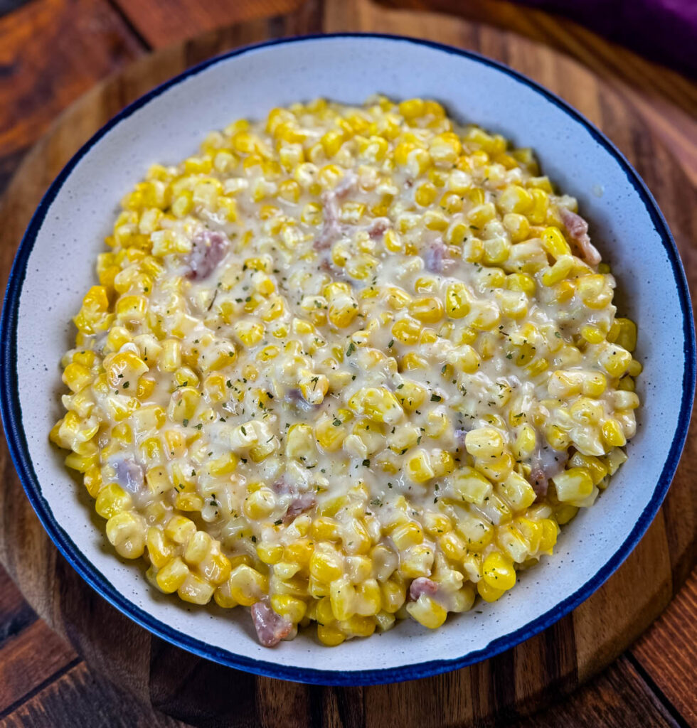 southern soul food creamed corn in a white bowl