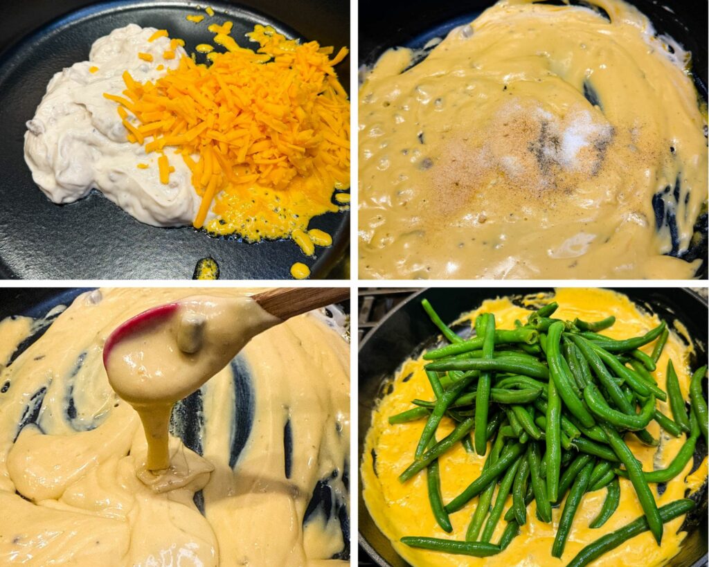 collage of 4 photos with homemade creamed soup, cheddar cheese, and green beans in a skillet