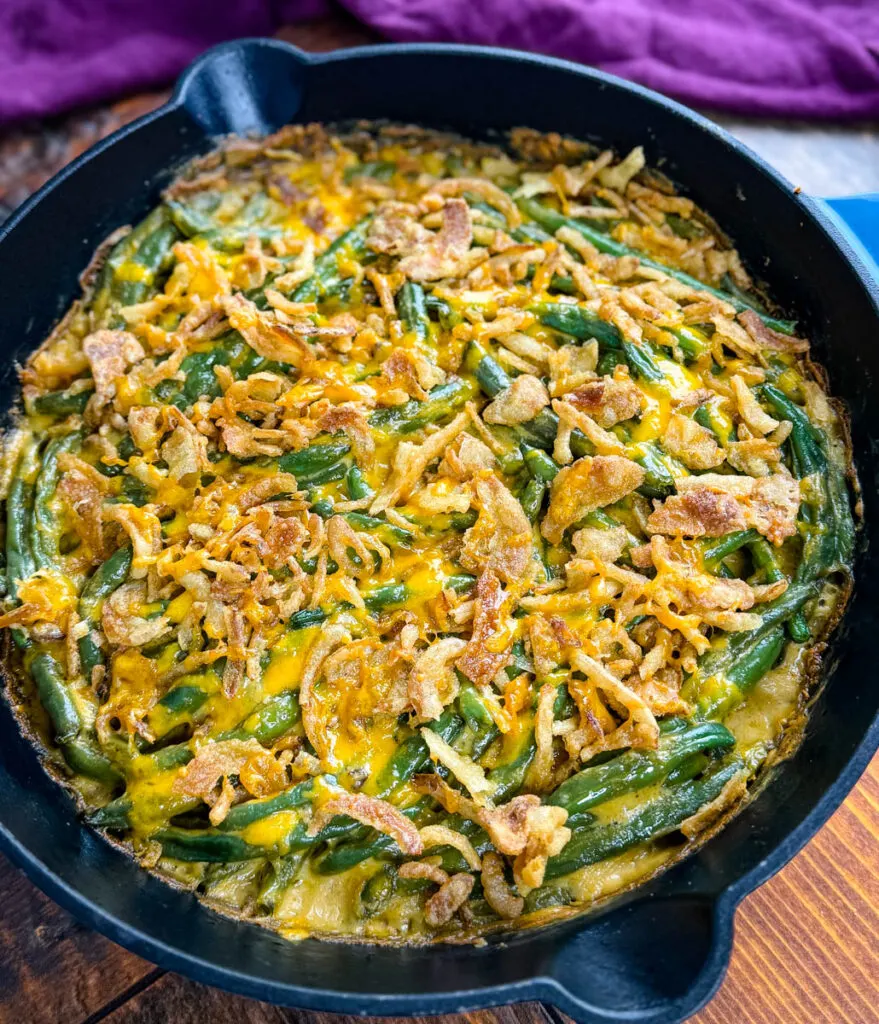 unbaked green bean casserole without canned cream of mushroom soup in a skillet