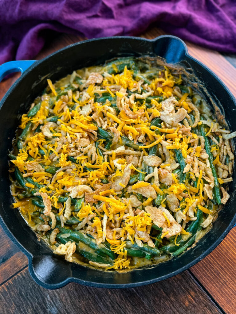 unbaked green bean casserole without canned cream of mushroom soup in a skillet