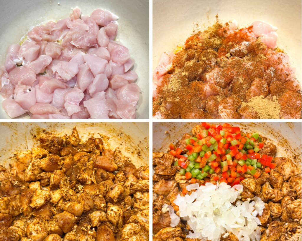 collage of 4 photos with raw diced chicken, onions, and bell peppers in a pot.