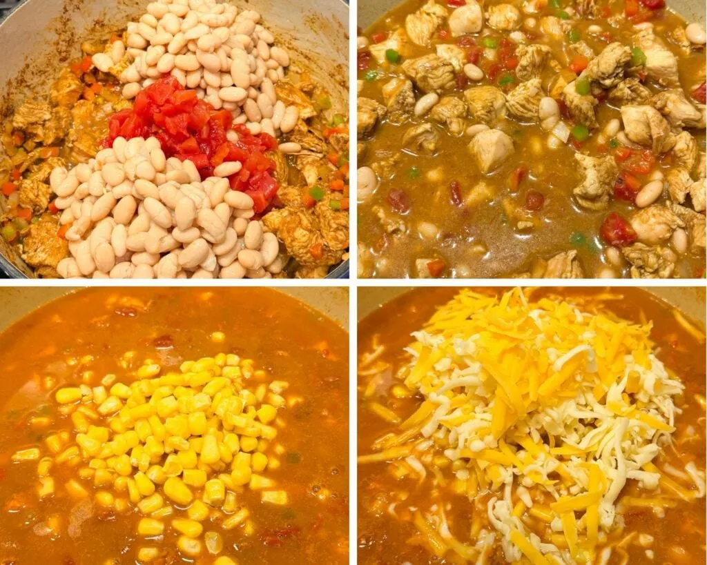 collage of 4 photos with uncooked chicken chili in a pot