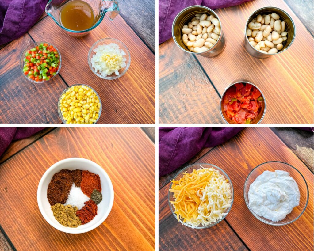 collage of 4 photos with diced peppers, onions, garlic, bone broth, corn, chili seasoning, canned white beans, canned tomatoes, grated cheese, and plain Greek yogurt in separate bowls