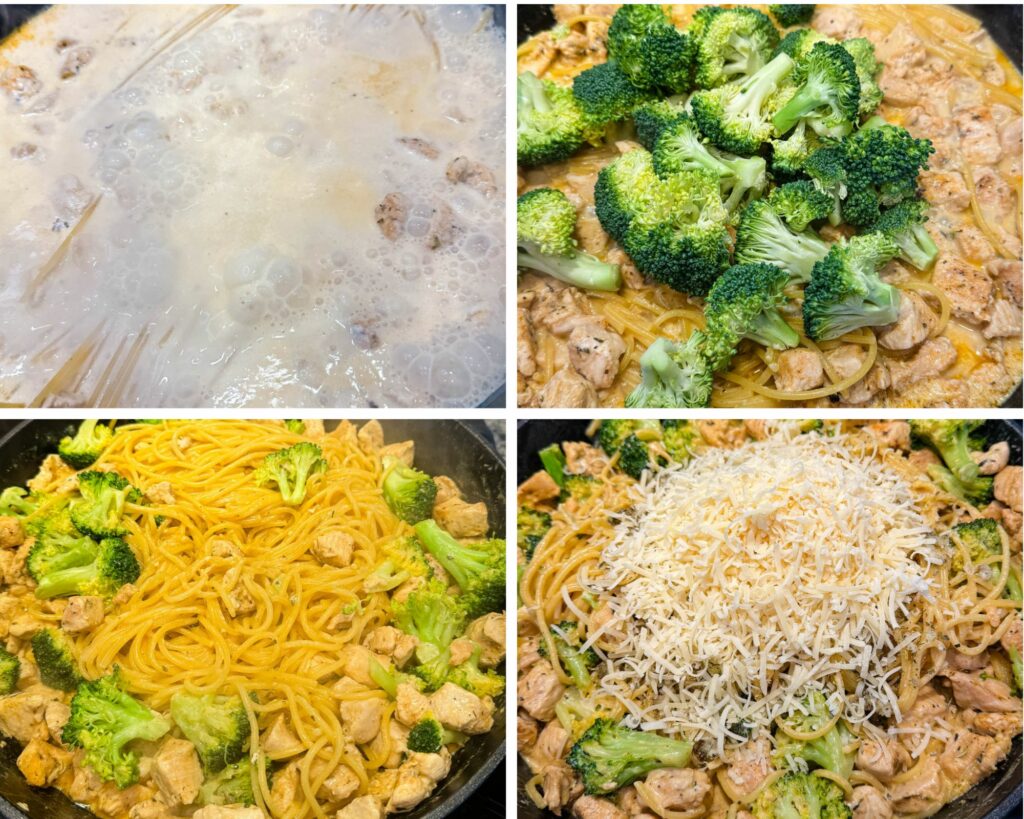 collage of 4 photos with homemade Alfredo sauce, chicken, broccoli, and Parmesan cheese in a skillet