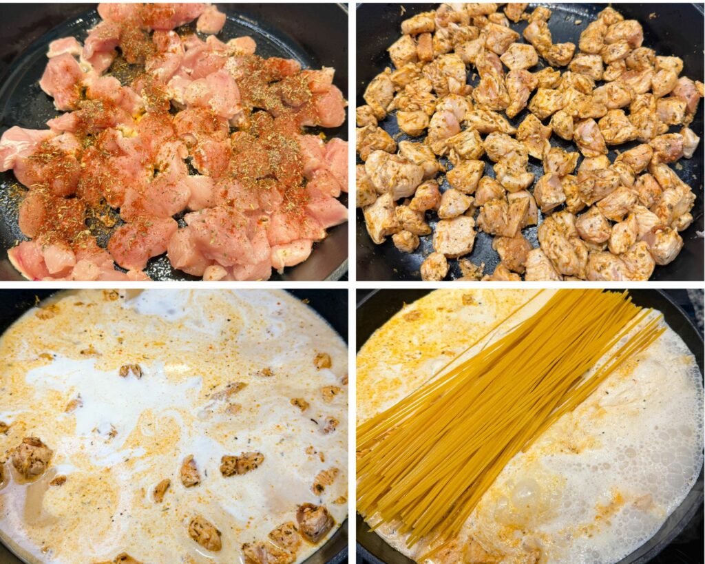 collage of 4 photos with diced chicken breasts and noodles in a skillet