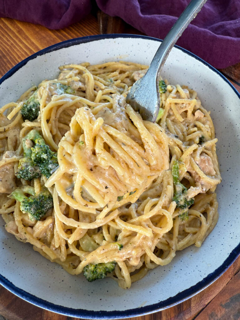 creamy chicken broccoli Alfredo in a white bowl with a fork