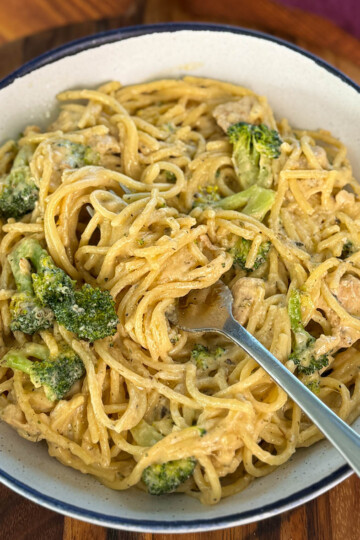 creamy chicken broccoli Alfredo in a white bowl with a fork